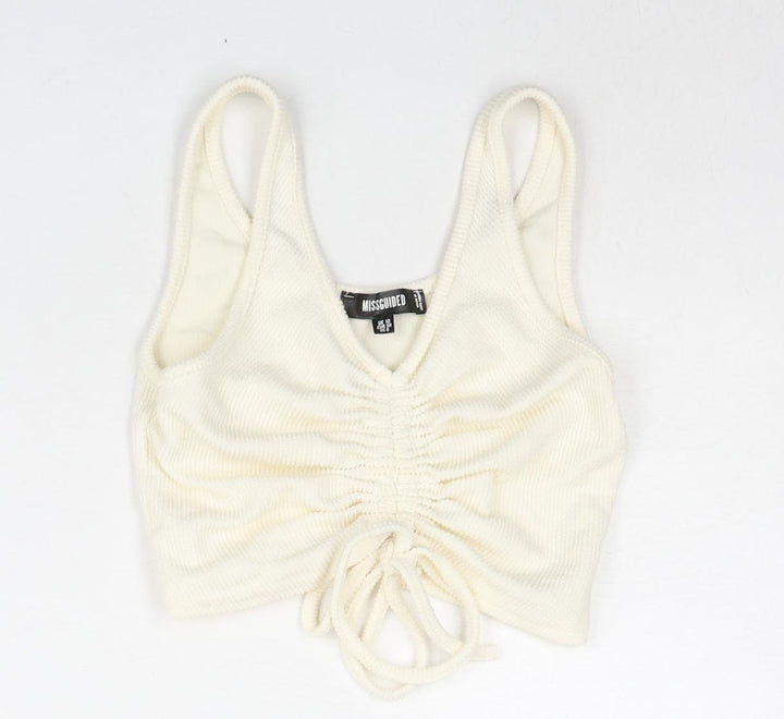 Missguided Womens Ivory Polyester Cropped Blouse Size 10 V-Neck - Drawstring Detail
