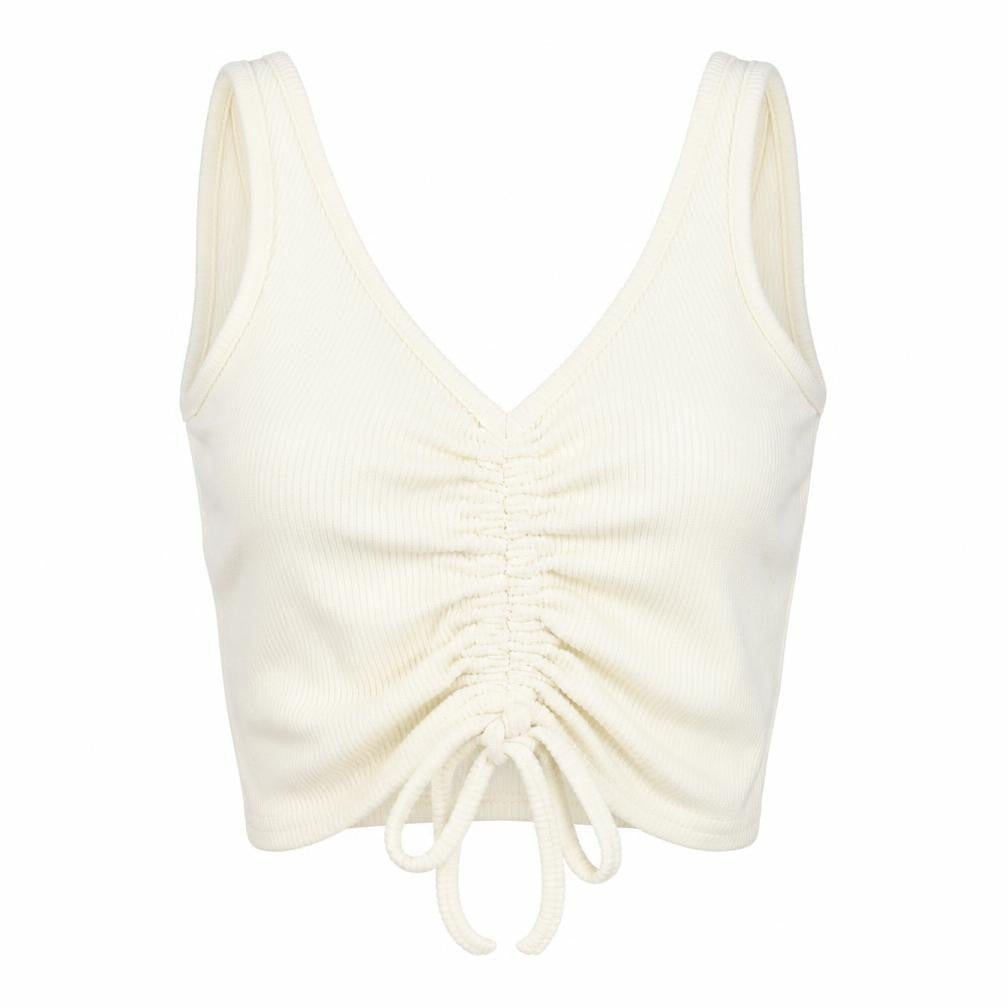 Front view of Missguided women’s ivory polyester cropped blouse, size UK 10, v-neck - drawstring detail