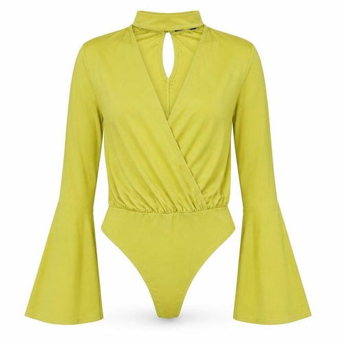 Misguided Womens Yellow Polyester Bodysuit One-Piece Size 8 Snap - V Neck Cut Out Bell Sleeve