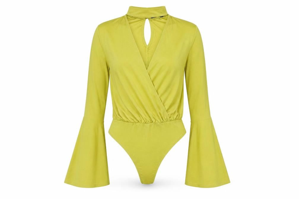 Misguided Womens Yellow Polyester Bodysuit One-Piece Size 8 Snap - V Neck Cut Out Bell Sleeve