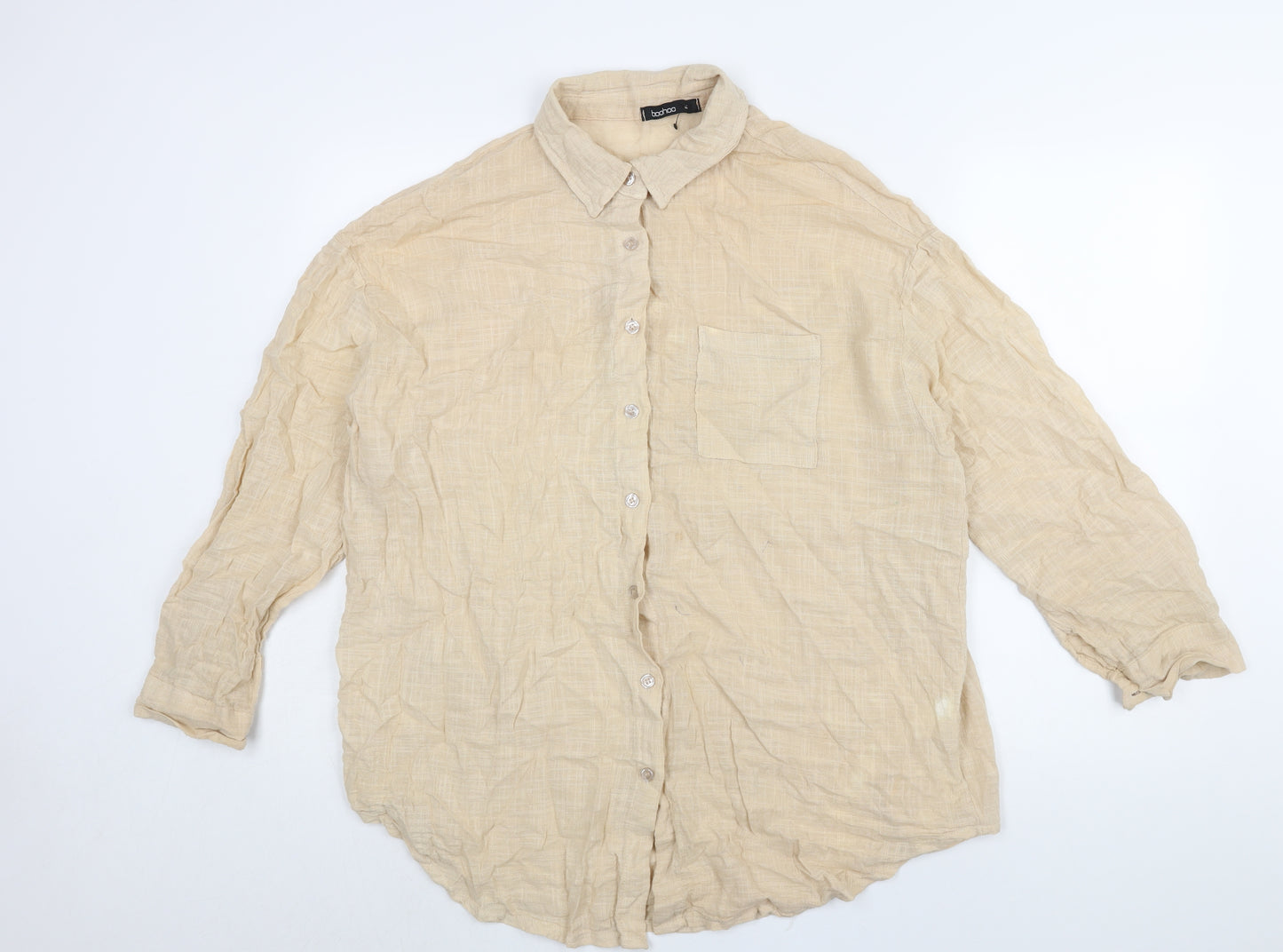 Boohoo Womens Beige Cotton Basic Button-Up Size M Collared
