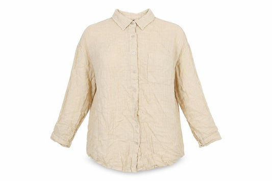 Front view of Boohoo women’s beige cotton basic button-up, size M, collared