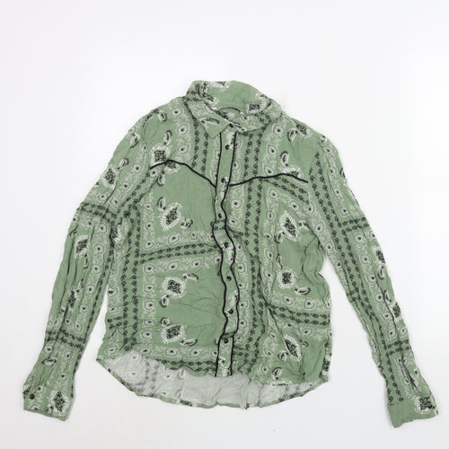 Stradivarius Womens Green Geometric Viscose Basic Button-Up Size L Collared - Piping Detail