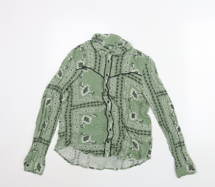 Stradivarius Womens Green Geometric Viscose Basic Button-Up Size L Collared - Piping Detail