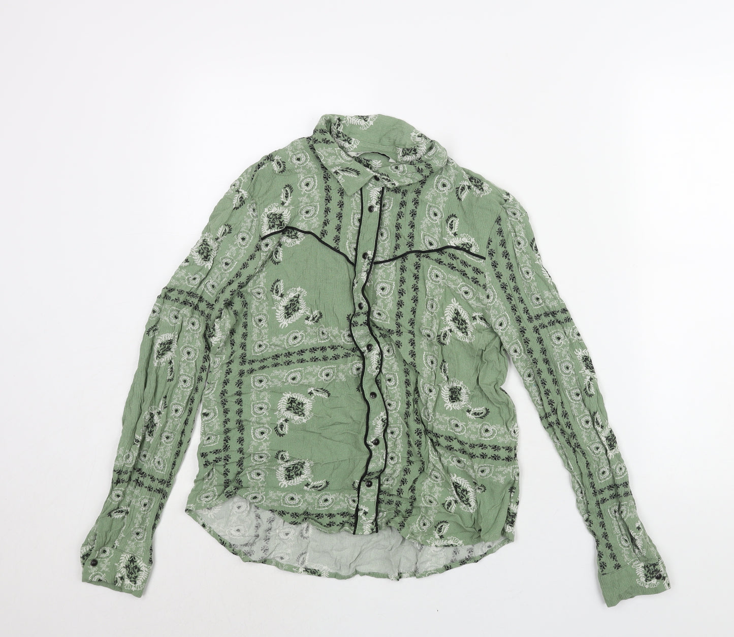 Stradivarius Womens Green Geometric Viscose Basic Button-Up Size L Collared - Piping Detail