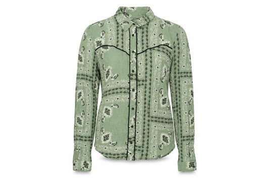 Front view of Stradivarius women’s green geometric viscose basic button-up, size L, collared - piping detail