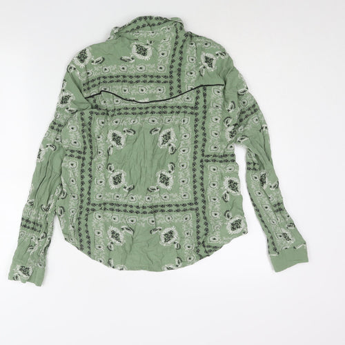 Stradivarius Womens Green Geometric Viscose Basic Button-Up Size L Collared - Piping Detail