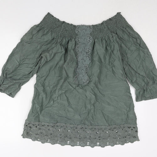 Warehouse Womens Green Silk Basic Blouse Size 16 Boat Neck - Lace Detail Rouched