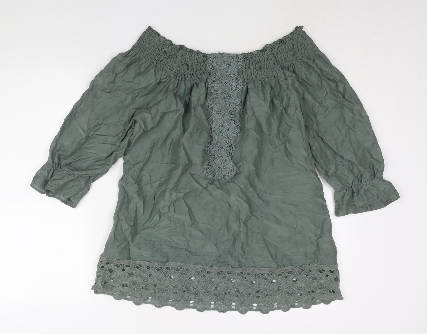 Warehouse Womens Green Silk Basic Blouse Size 16 Boat Neck - Lace Detail Rouched