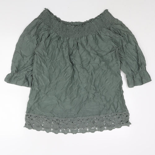 Warehouse Womens Green Silk Basic Blouse Size 16 Boat Neck - Lace Detail Rouched