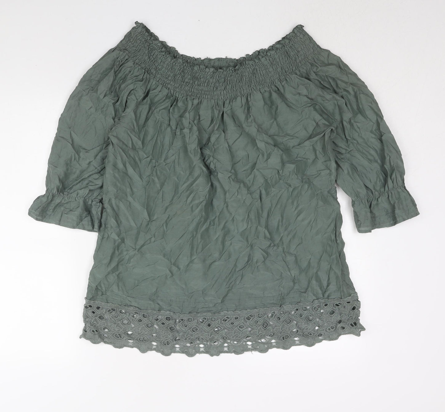 Warehouse Womens Green Silk Basic Blouse Size 16 Boat Neck - Lace Detail Rouched