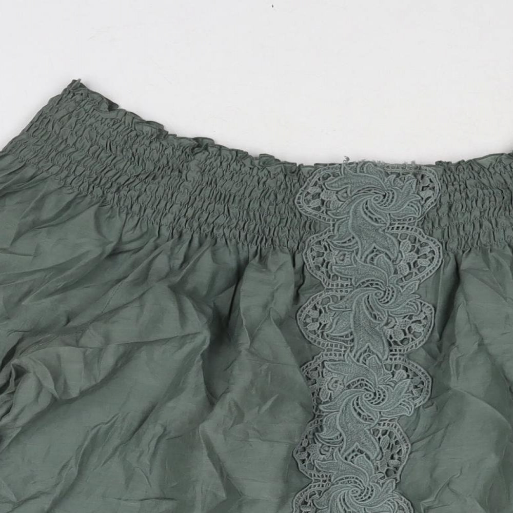 Warehouse Womens Green Silk Basic Blouse Size 16 Boat Neck - Lace Detail Rouched