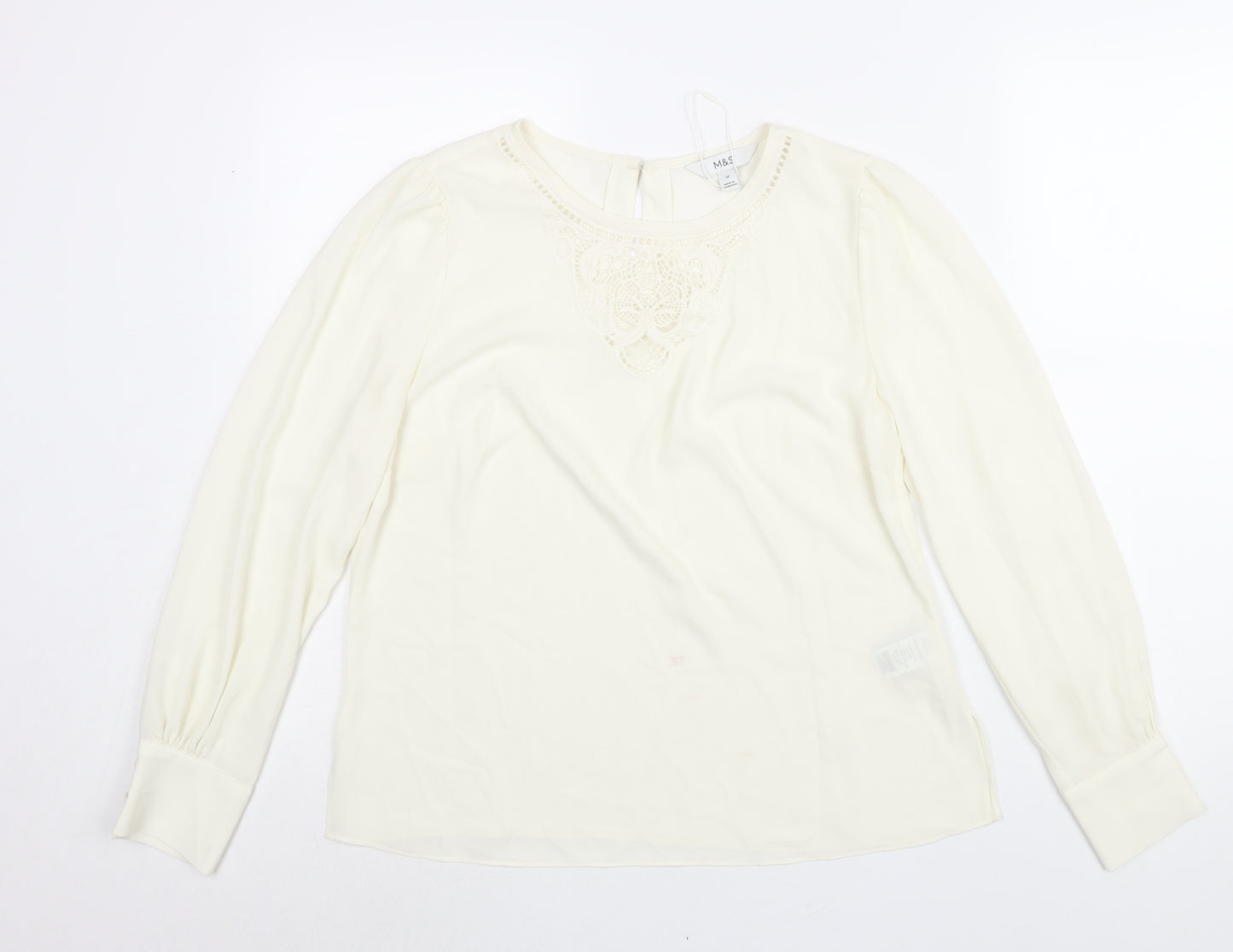 Marks and Spencer Womens Ivory Polyester Basic Blouse Size 10 Round Neck - Lace Detail