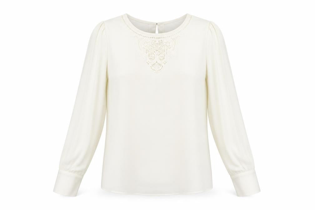 Front view of Marks & Spencer women’s ivory polyester basic blouse, size UK 10, round neck - lace detail