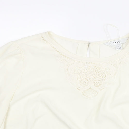 Marks and Spencer Womens Ivory Polyester Basic Blouse Size 10 Round Neck - Lace Detail