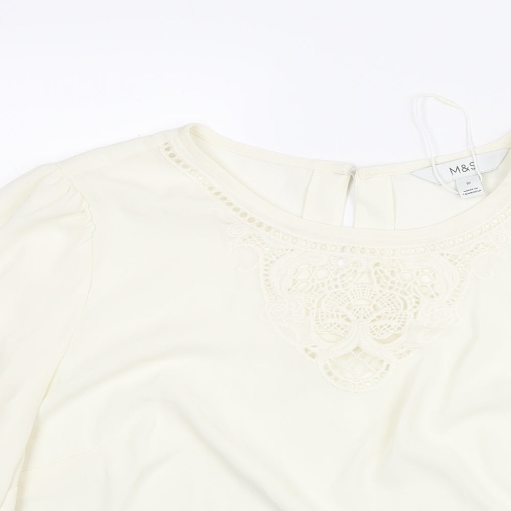Marks and Spencer Womens Ivory Polyester Basic Blouse Size 10 Round Neck - Lace Detail