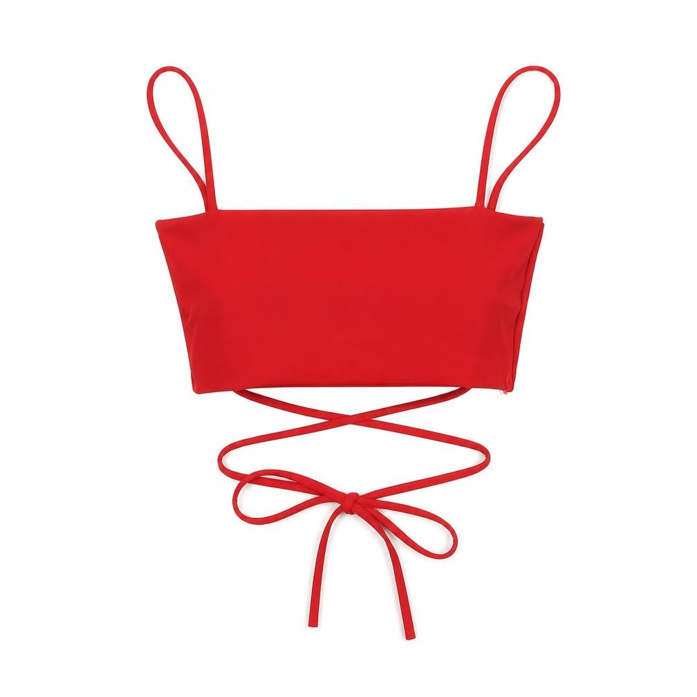 Front view of PRETTYLITTLETHING women’s red polyester cropped blouse, size UK 10, square neck - tie detail