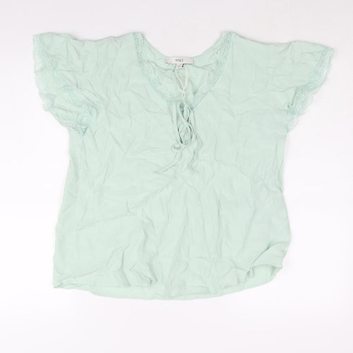 Marks and Spencer Womens Green Viscose Basic Blouse Size 10 V-Neck - Lace Trim