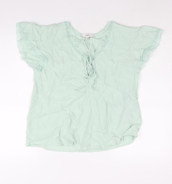 Marks and Spencer Womens Green Viscose Basic Blouse Size 10 V-Neck - Lace Trim