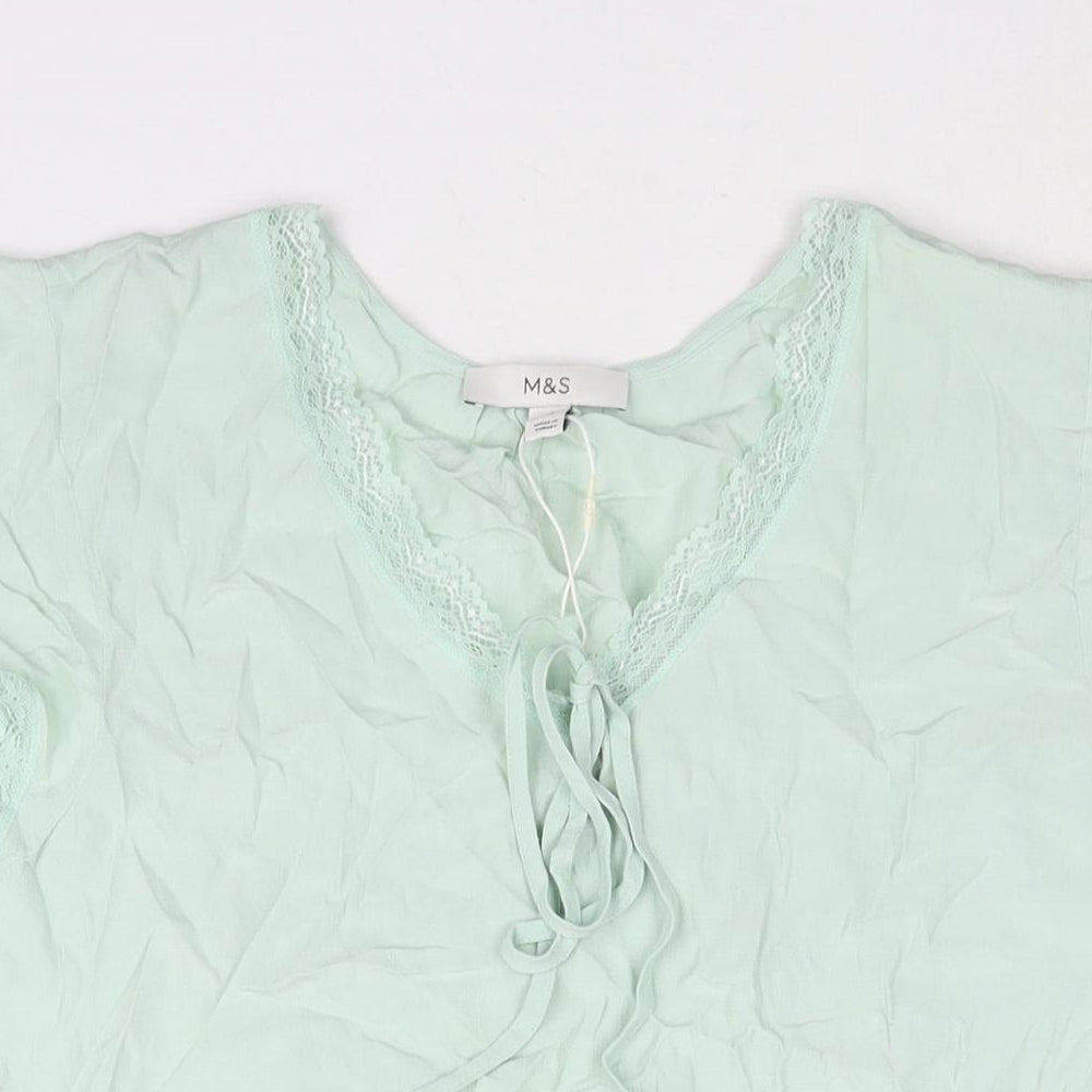 Marks and Spencer Womens Green Viscose Basic Blouse Size 10 V-Neck - Lace Trim
