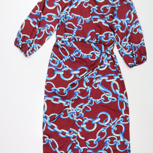 Zara Womens Red Geometric Polyester Maxi Size S V-Neck Button - Chain Print