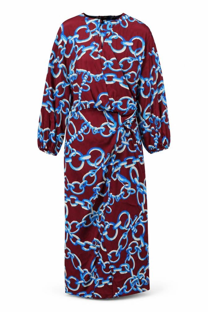 Front view of Zara women’s red geometric polyester maxi, size S, v-neck button - chain print