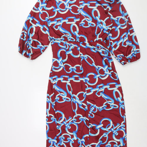 Zara Womens Red Geometric Polyester Maxi Size S V-Neck Button - Chain Print