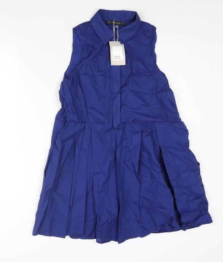 Zara Womens Blue Cotton Shirt Dress Size XS Collared Button - Pleated