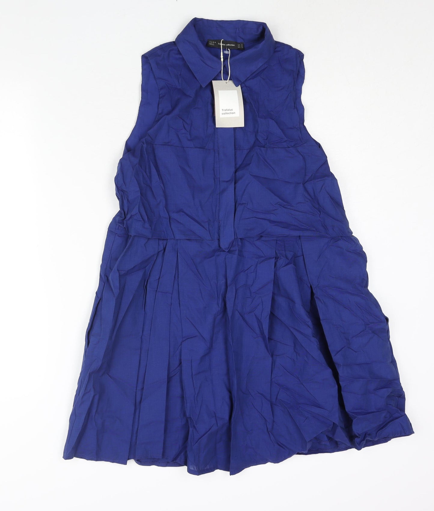 Zara Womens Blue Cotton Shirt Dress Size XS Collared Button - Pleated