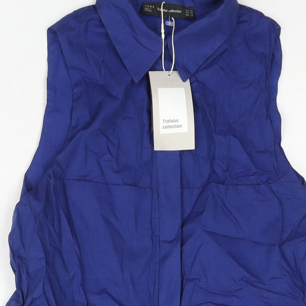 Zara Womens Blue Cotton Shirt Dress Size XS Collared Button - Pleated