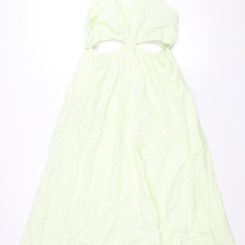 Zara Womens Green Cotton Shift Size L V-Neck Pullover - Rouched Cut Out