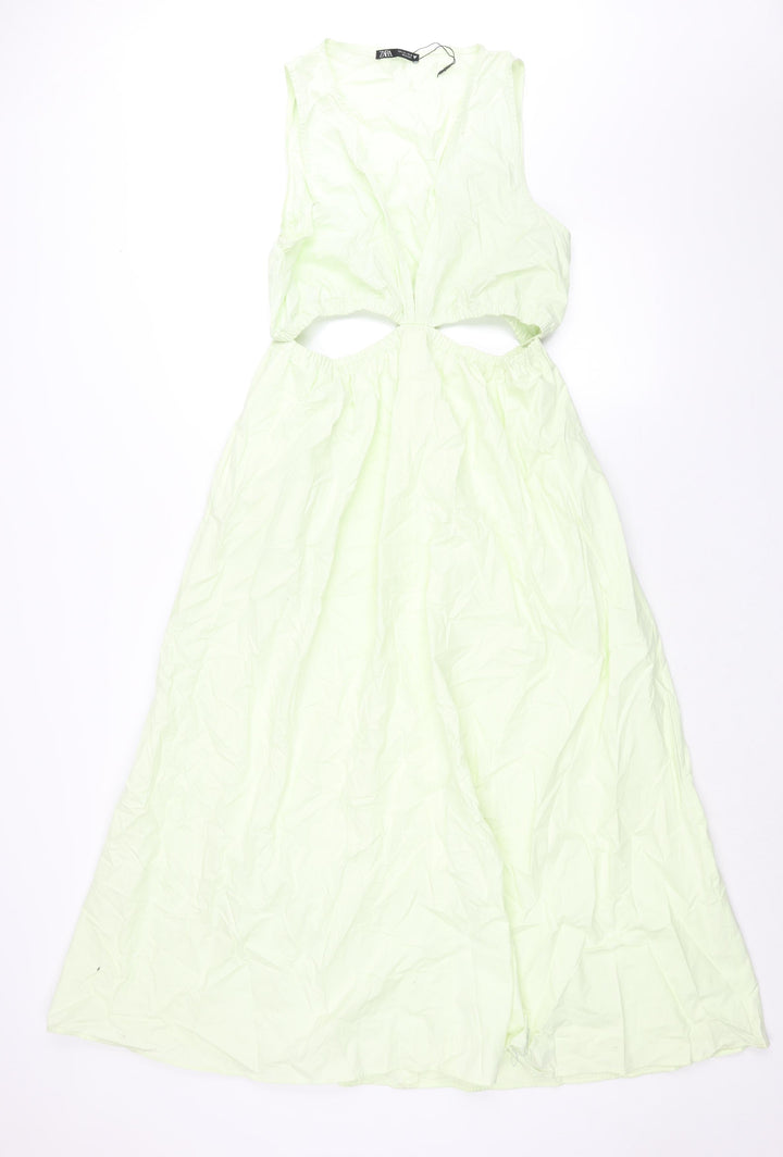 Zara Womens Green Cotton Shift Size L V-Neck Pullover - Rouched Cut Out