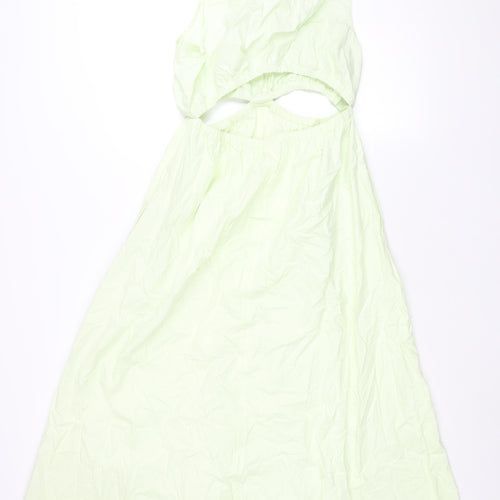 Zara Womens Green Cotton Shift Size L V-Neck Pullover - Rouched Cut Out