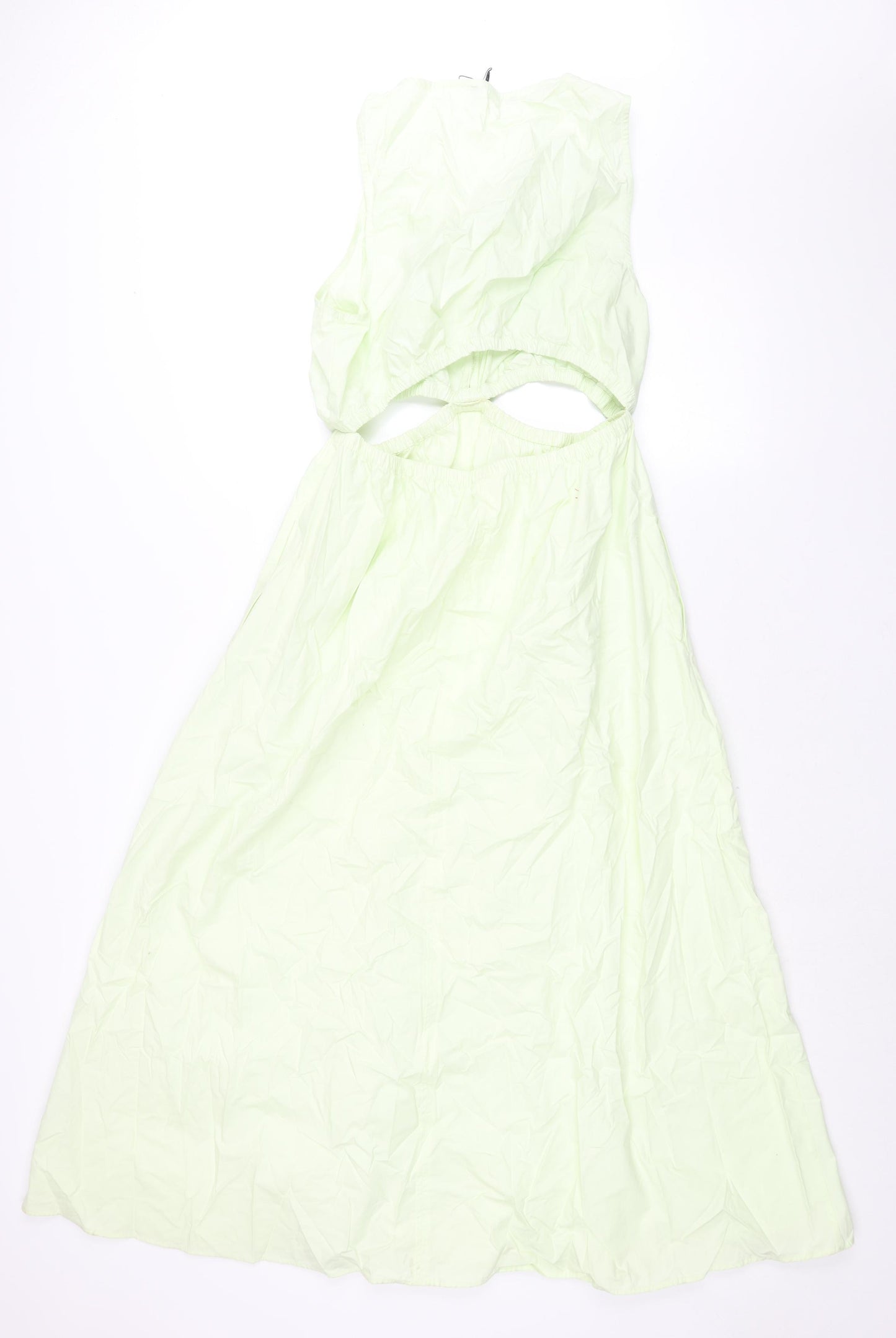 Zara Womens Green Cotton Shift Size L V-Neck Pullover - Rouched Cut Out