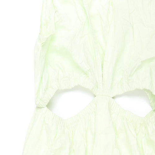Zara Womens Green Cotton Shift Size L V-Neck Pullover - Rouched Cut Out