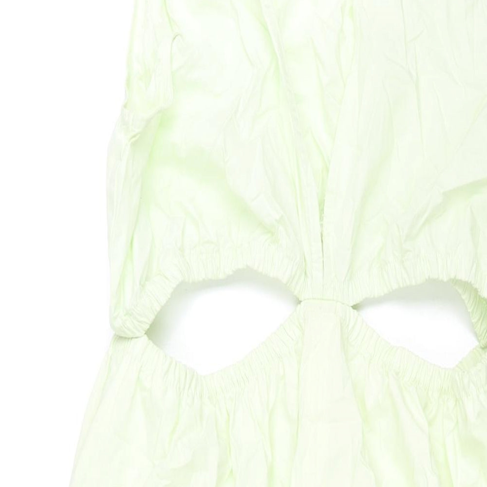 Zara Womens Green Cotton Shift Size L V-Neck Pullover - Rouched Cut Out