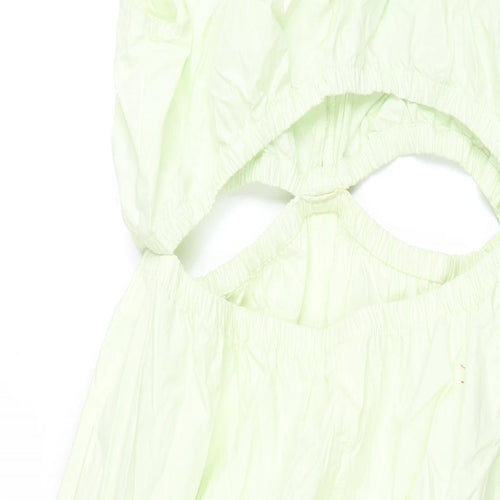 Zara Womens Green Cotton Shift Size L V-Neck Pullover - Rouched Cut Out