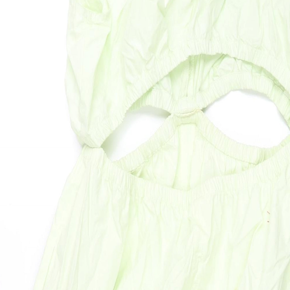 Zara Womens Green Cotton Shift Size L V-Neck Pullover - Rouched Cut Out