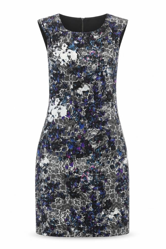 Front view of Warehouse women’s black geometric polyester shift, size UK 8, round neck zip - shoulder pads