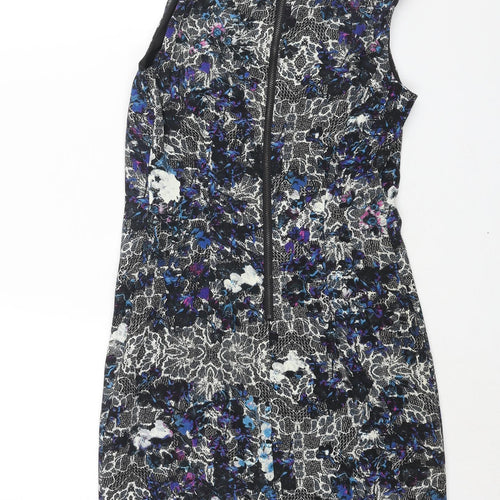 Warehouse Womens Black Geometric Polyester Shift Size 8 Round Neck Zip - Shoulder Pads