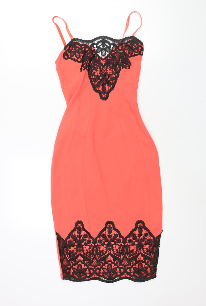 Quiz Womens Pink Polyester Bodycon Size 8 Scoop Neck Zip - Lace Detail