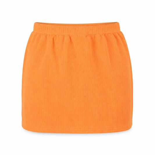 Front view of PRETTYLITTLETHING women’s orange polyester mini skirt, size UK 6