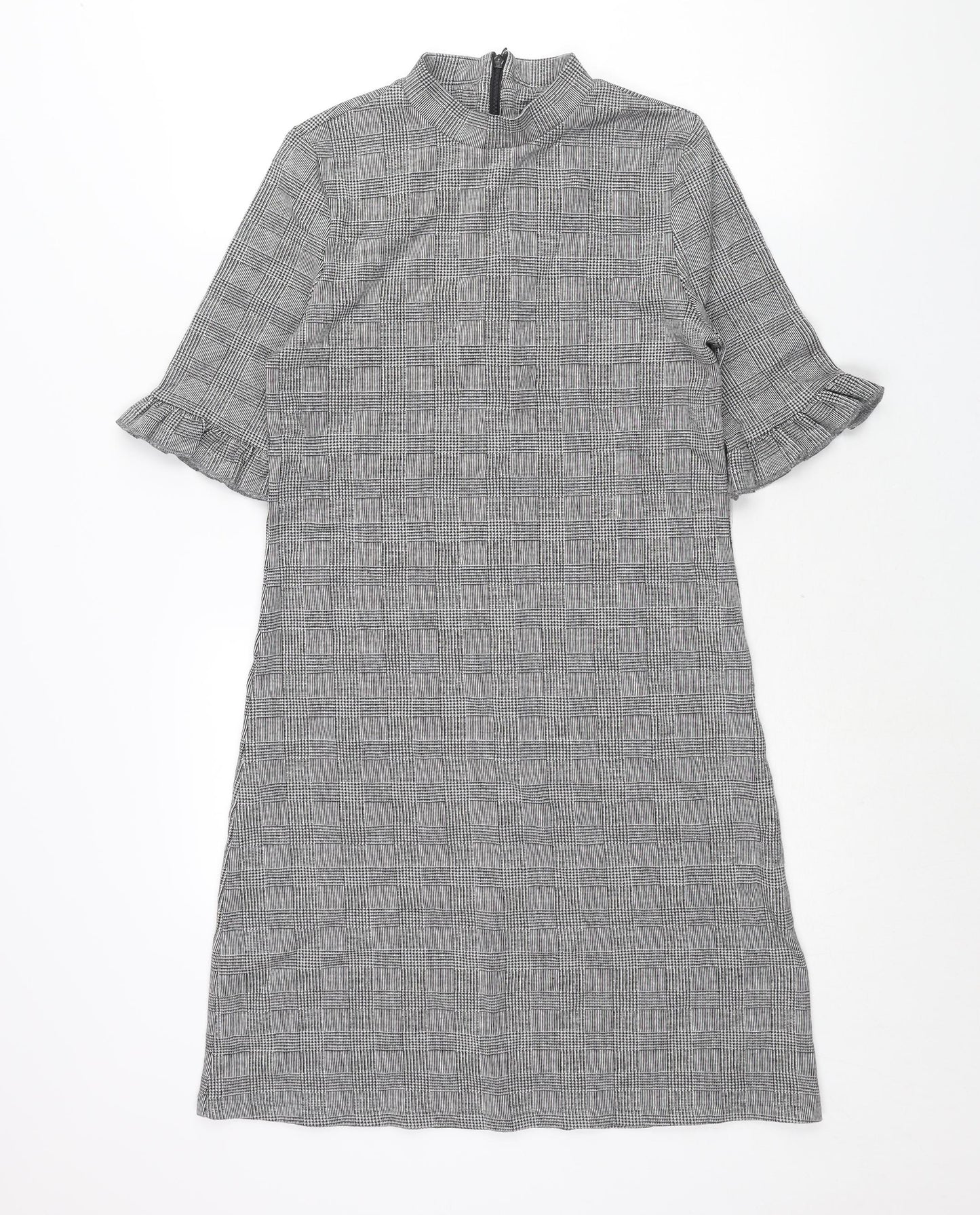Marks and Womens Black Check Polyester Shift Size 10 Mock Neck Zip - Frill