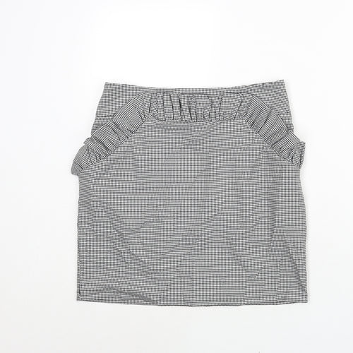 H&M Womens Black Check Polyester Mini Skirt Size 12 Zip - Houndstooth Frill