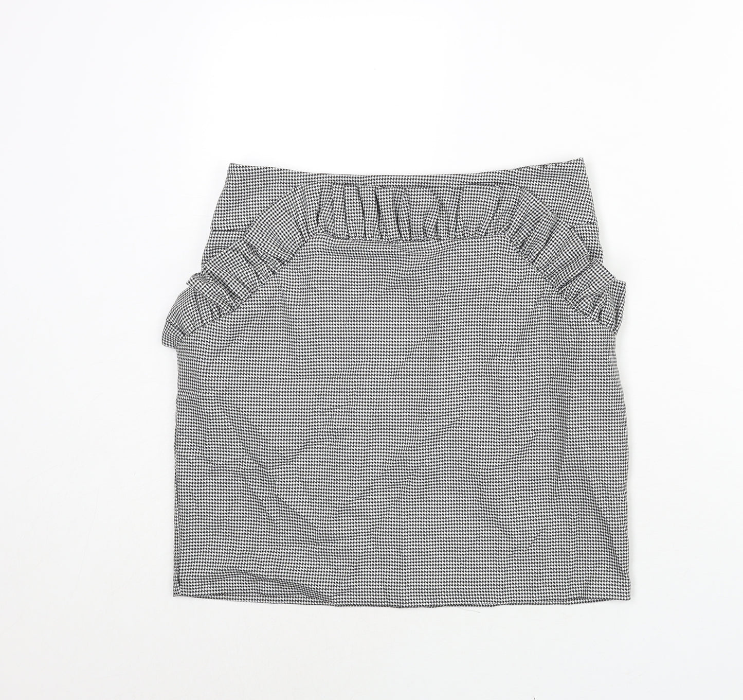 H&M Womens Black Check Polyester Mini Skirt Size 12 Zip - Houndstooth Frill