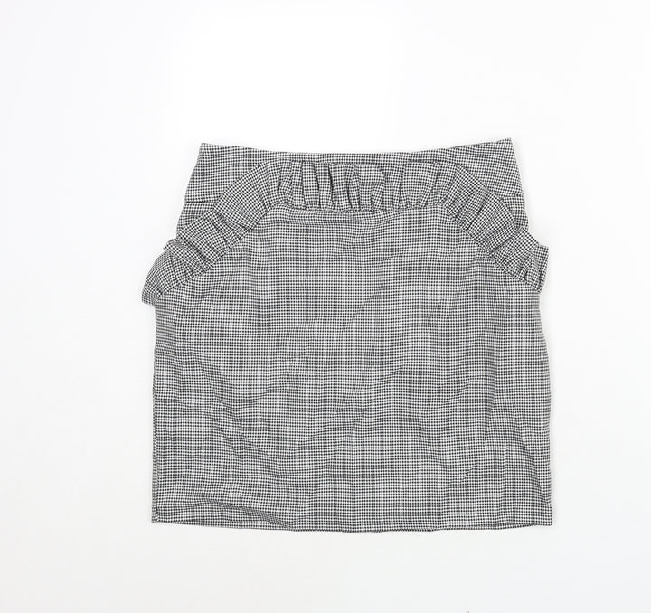 H&M Womens Black Check Polyester Mini Skirt Size 12 Zip - Houndstooth Frill