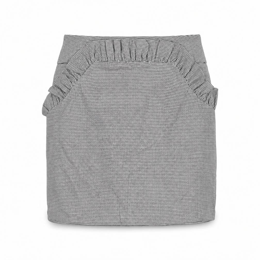 Front view of H&M women’s black check polyester mini skirt, size UK 12, zip - houndstooth frill