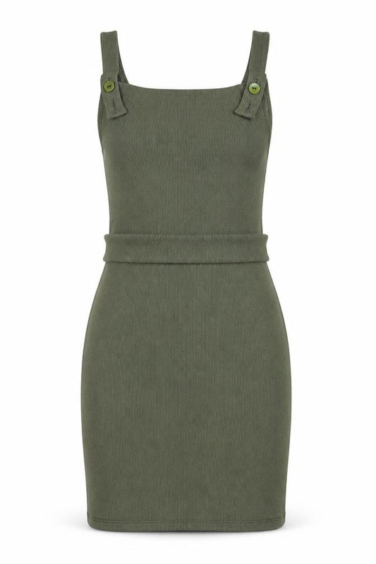 Front view of I SAW IT FIRST women’s green polyester pinafore/dungaree dress, size UK 10, square neck button - backless