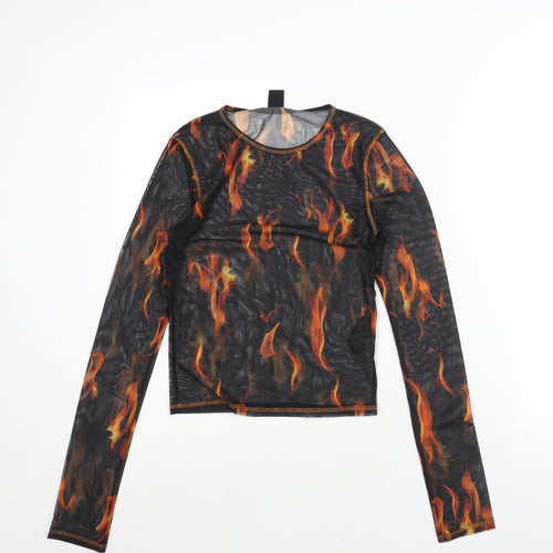 Urban Outfitters Womens Black Geometric Polyester Basic Blouse Size M Round Neck - Flame Print Semi Sheer