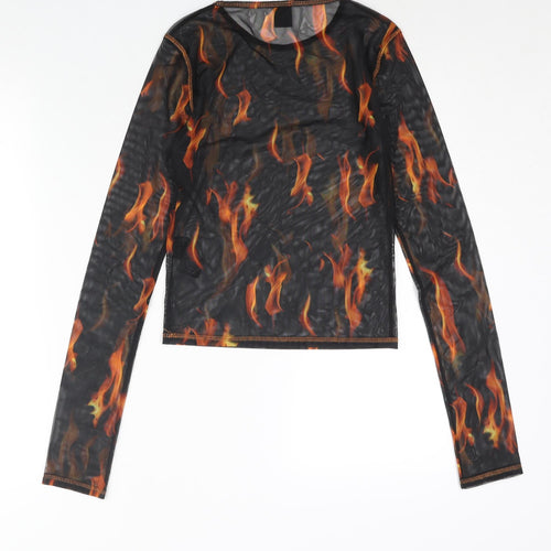 Urban Outfitters Womens Black Geometric Polyester Basic Blouse Size M Round Neck - Flame Print Semi Sheer